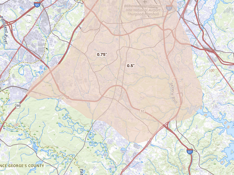 Radar-estimated hail-size map of the storm over Odenton, MD on Jul 4, 2026