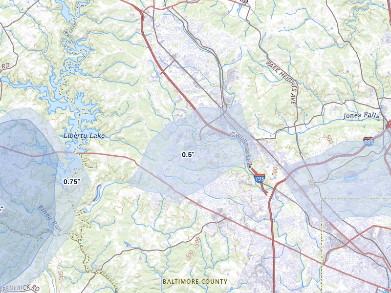NEXRAD radar-signature map of the hail over Owings Mills, MD