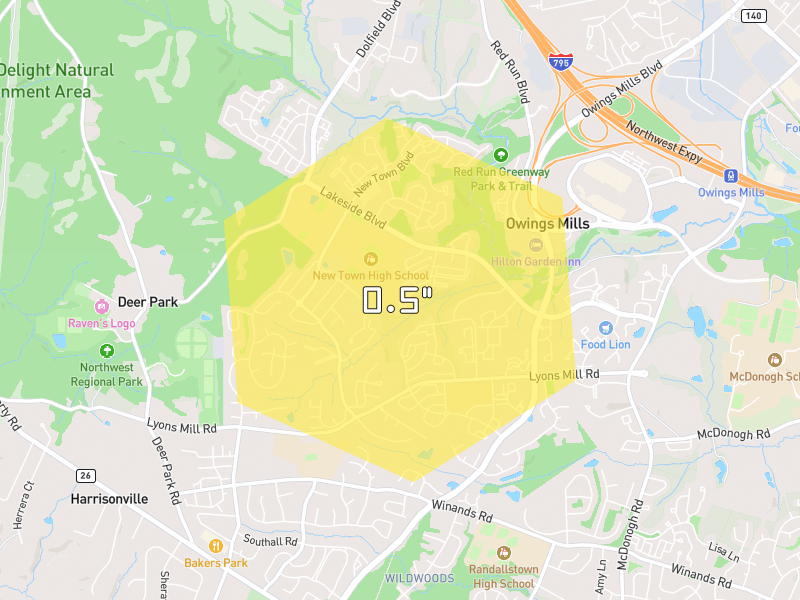 Hail map of Owings Mills, MD on Jul 5, 2026, hail up to 0.5"