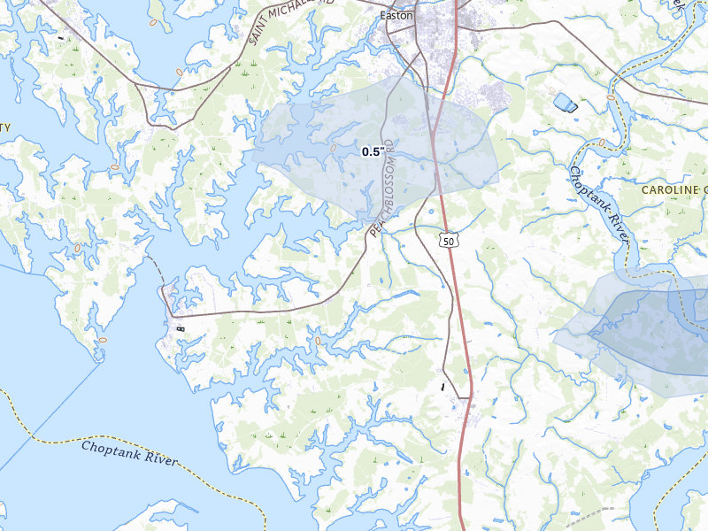 NEXRAD radar-signature map of the hail storm over Oxford, MD on Apr 1, 2026