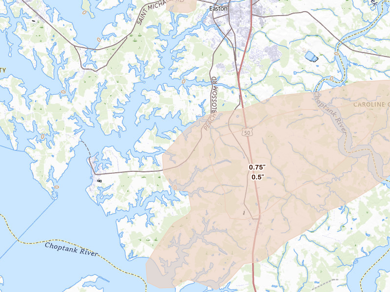 Radar-estimated hail-size map of the storm over Oxford, MD on Jul 28, 2026