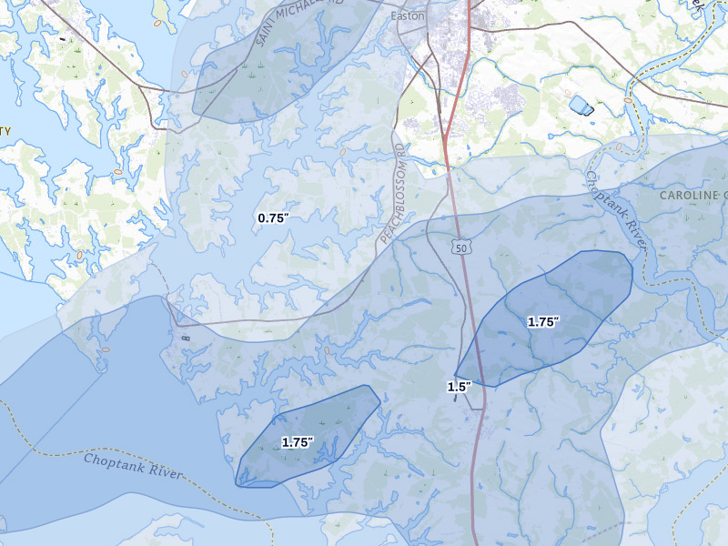 NEXRAD radar-signature map of the hail storm over Oxford, MD on Jul 28, 2026