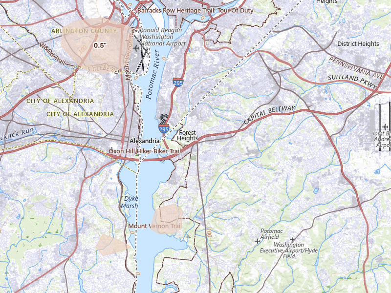 Radar-estimated hail-size map of the storm over Oxon Hill, MD on Aug 10, 2026