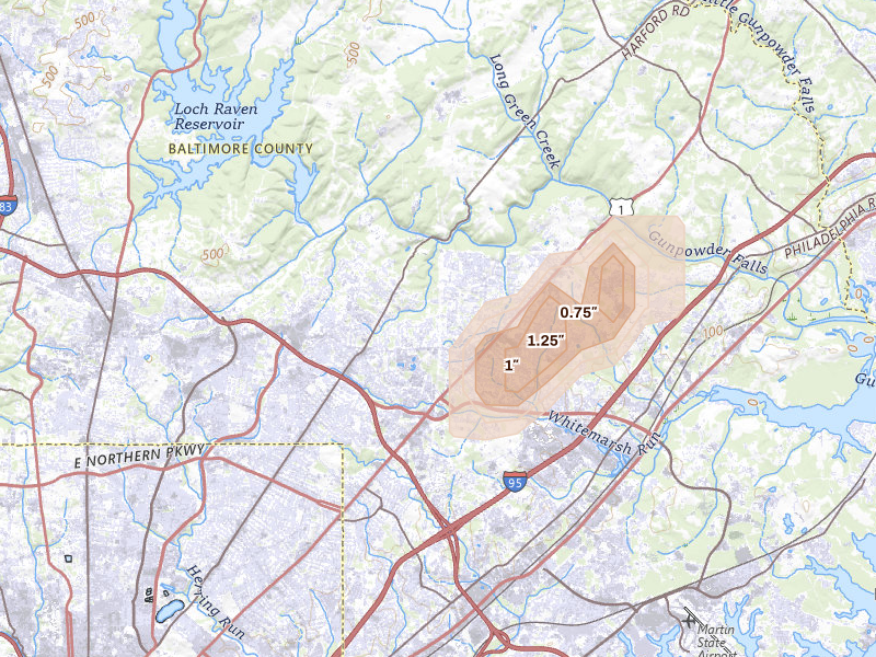 Radar-estimated hail-size map of the storm over Parkville, MD
