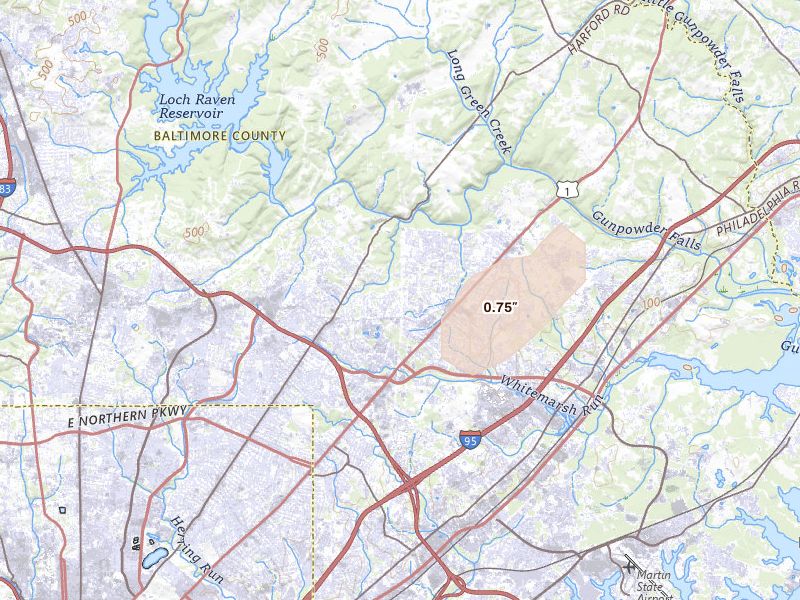 Radar-estimated hail-size map of the storm over Parkville, MD on Jan 11, 2026