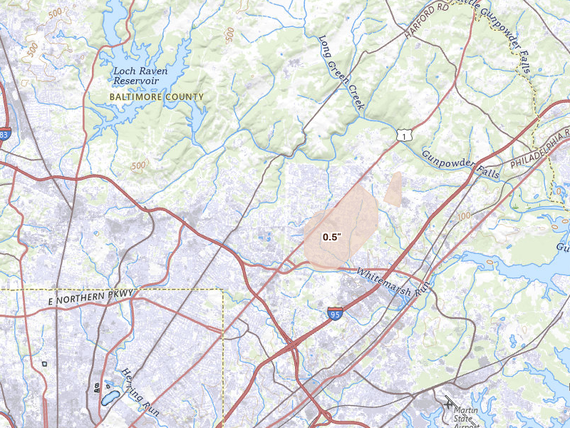 Radar-estimated hail-size map of the storm over Parkville, MD on Apr 6, 2026