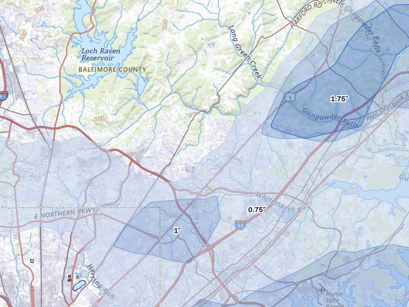 NEXRAD radar-signature map of the hail over Parkville, MD
