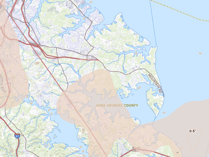 Radar-estimated hail-size map of the storm over Pasadena, MD on Jul 4, 2026
