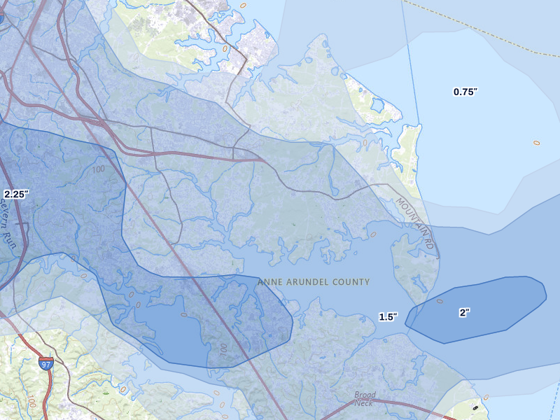 NEXRAD radar-signature map of the hail over Pasadena, MD