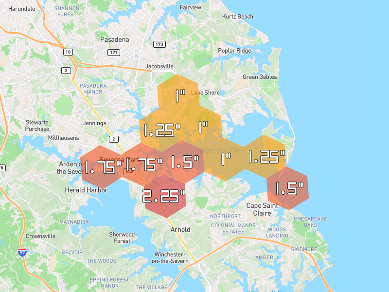 Hail map of Pasadena, MD on Jul 4, 2026, hail up to 2.25"