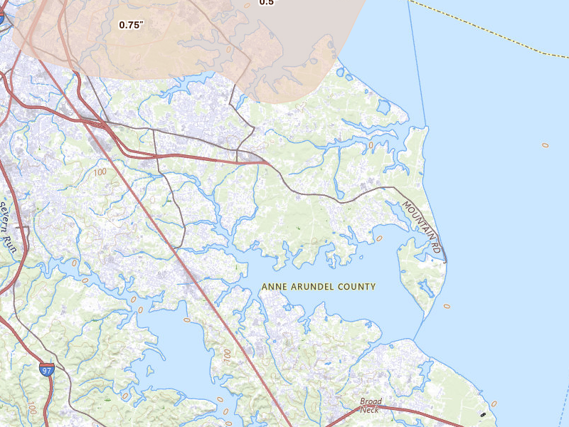 Radar-estimated hail-size map of the storm over Pasadena, MD on Jul 28, 2026