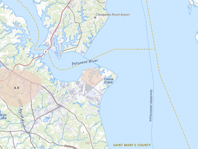 Radar-estimated hail-size map of the storm over Patuxent River, MD on Jul 22, 2026