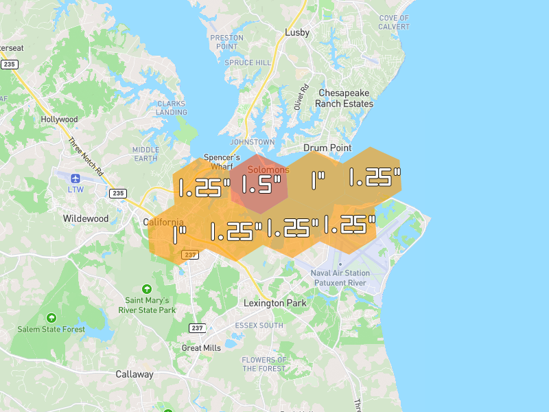 Hail map of Patuxent River, MD on Jul 22, 2026, hail up to 1.5"