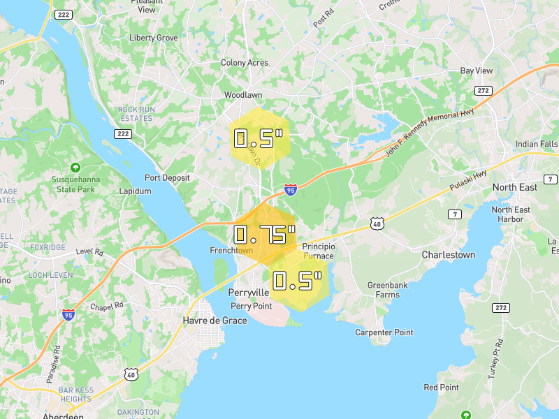 Hail map of Perryville, MD on Jul 6, 2026, hail up to 0.75"