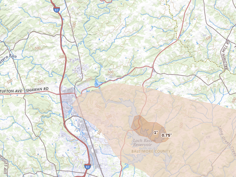 Radar-estimated hail-size map of the storm over Phoenix, MD on Aug 10, 2026