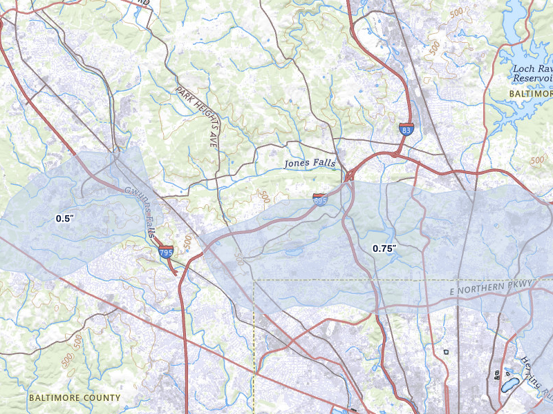 NEXRAD radar-signature map of the hail over Pikesville, MD