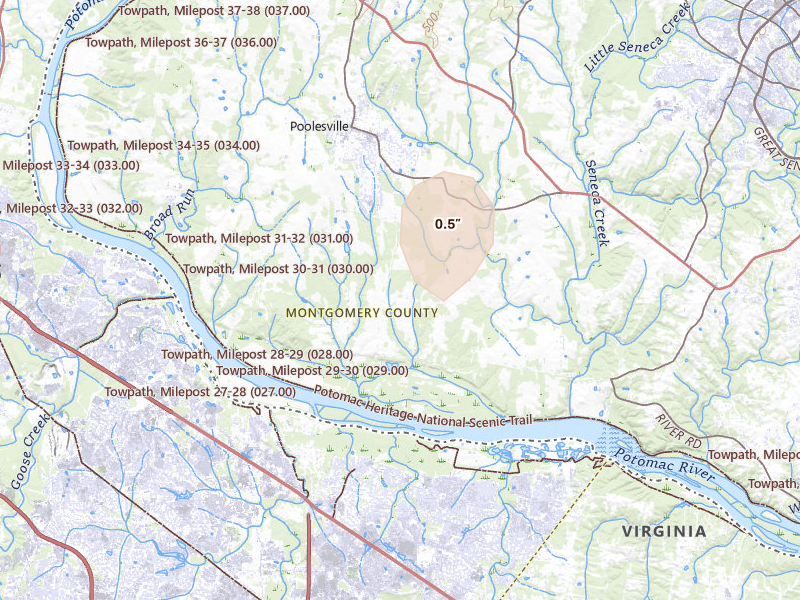 Radar-estimated hail-size map of the storm over Poolesville, MD on Jul 11, 2026