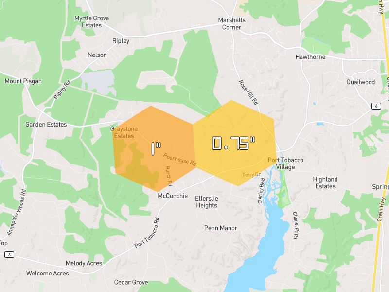 Hail map of Port Tobacco, MD on Jul 4, 2026, hail up to 1"