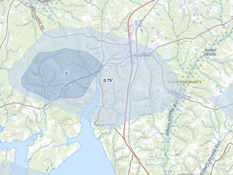 NEXRAD radar-signature map of the hail storm over Port Tobacco, MD on Jul 9, 2026