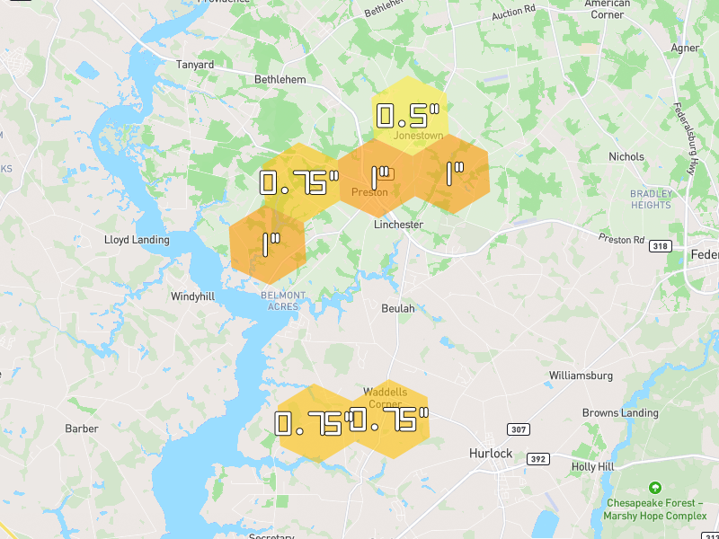 Hail map of Preston, MD on Jul 28, 2026, hail up to 1"