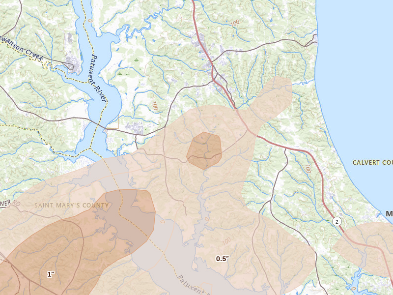 Radar-estimated hail-size map of the storm over Prince Frederick, MD on Jul 4, 2026