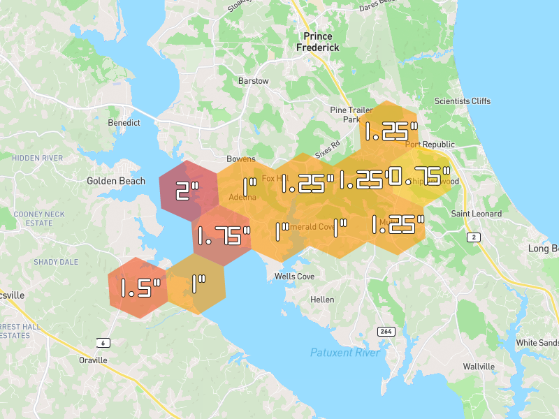 Hail map of Prince Frederick, MD on Jul 4, 2026, hail up to 2"