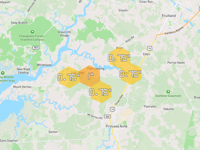Hail map of Princess Anne, MD on Jul 6, 2026, hail up to 1"