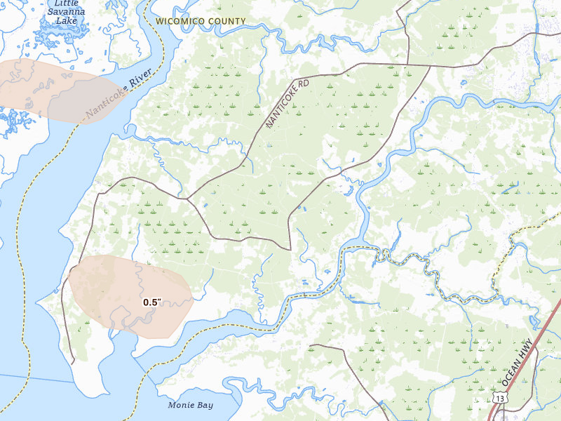 Radar-estimated hail-size map of the storm over Quantico, MD on Jul 9, 2026