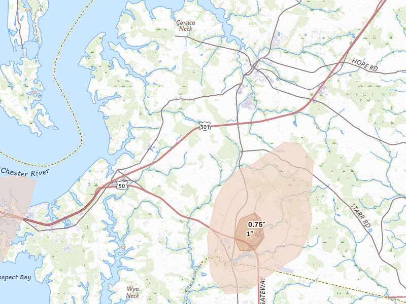 Radar-estimated hail-size map of the storm over Queenstown, MD on Jul 5, 2026