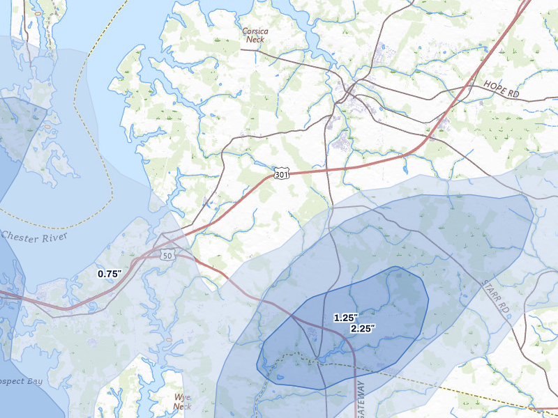 NEXRAD radar-signature map of the hail storm over Queenstown, MD on Jul 5, 2026