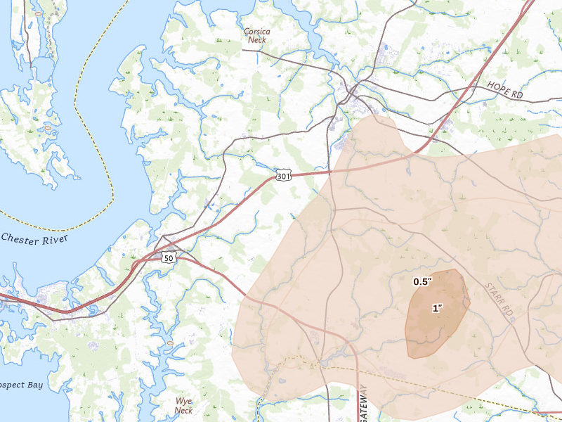 Radar-estimated hail-size map of the storm over Queenstown, MD on Jul 18, 2026