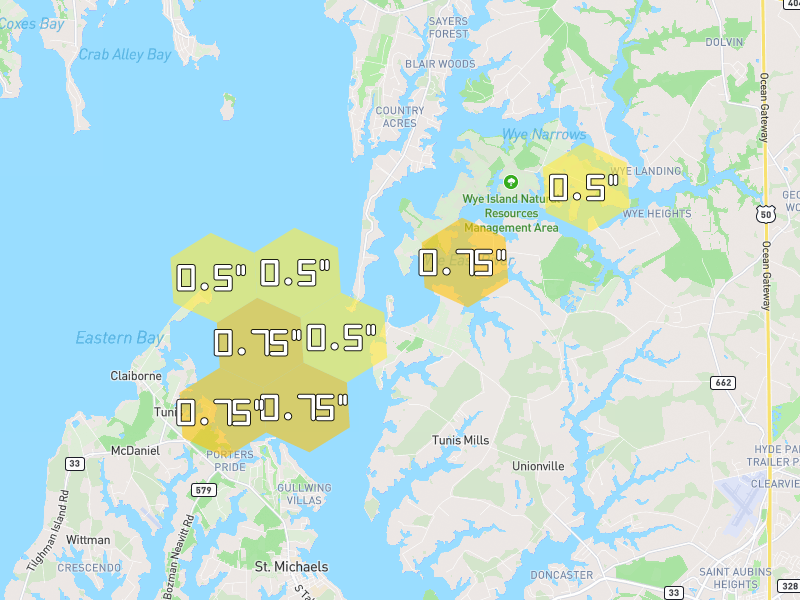 Hail map of Queenstown, MD on Jul 28, 2026, hail up to 0.75"