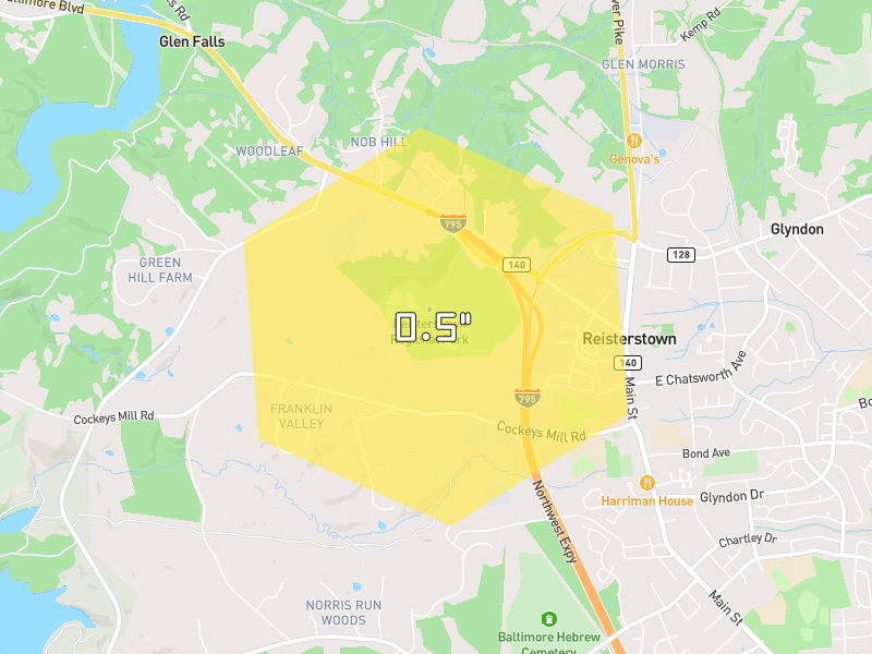 Hail map of Reisterstown, MD on Jul 28, 2026, hail up to 0.5"
