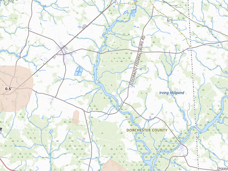 Radar-estimated hail-size map of the storm over Rhodesdale, MD on Jul 6, 2026