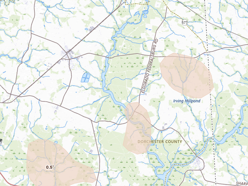 Radar-estimated hail-size map of the storm over Rhodesdale, MD on Jul 18, 2026