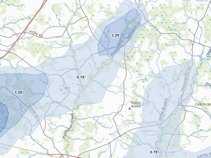 NEXRAD radar-signature map of the hail storm over Ridgely, MD on Jul 5, 2026