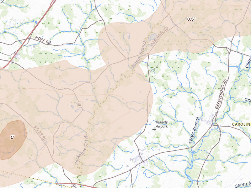 Radar-estimated hail-size map of the storm over Ridgely, MD on Jul 18, 2026
