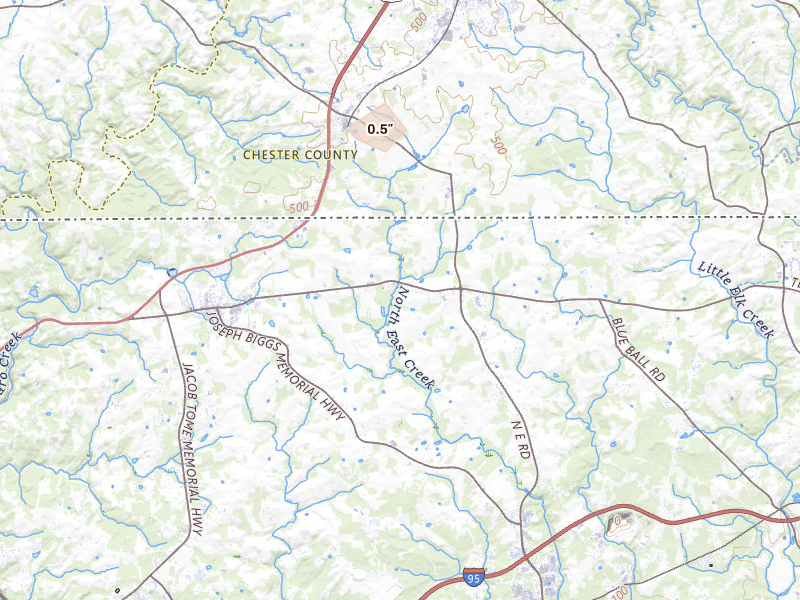 Radar-estimated hail-size map of the storm over Rising Sun, MD on Jul 4, 2026