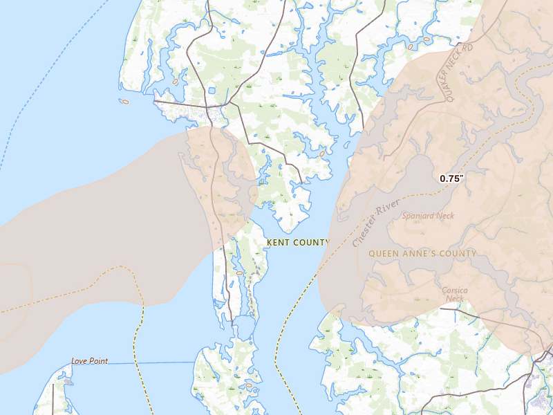 Radar-estimated hail-size map of the storm over Rock Hall, MD on Jul 4, 2026