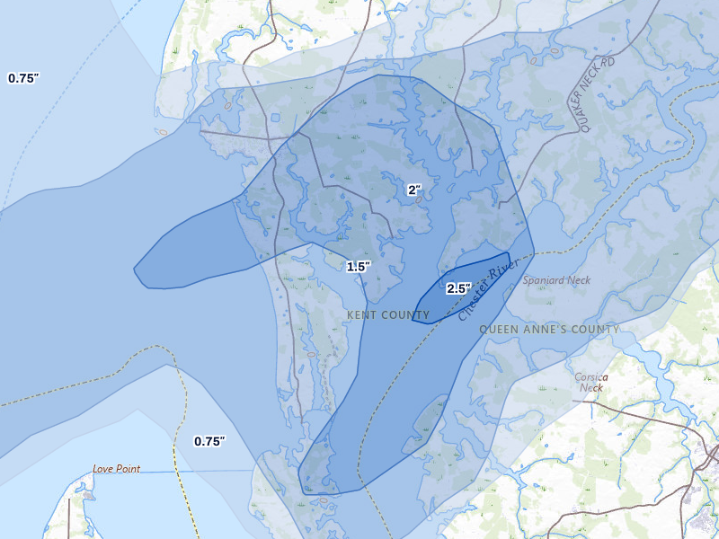 NEXRAD radar-signature map of the hail over Rock Hall, MD