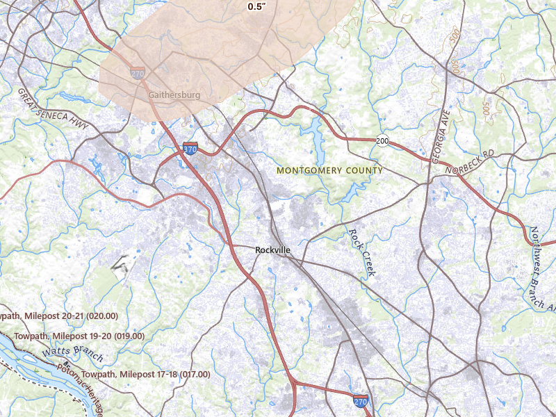 Radar-estimated hail-size map of the storm over Rockville, MD on Jul 4, 2026