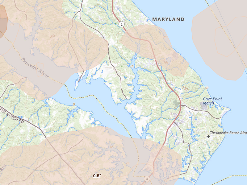 Radar-estimated hail-size map of the storm over Saint Leonard, MD on Jul 4, 2026