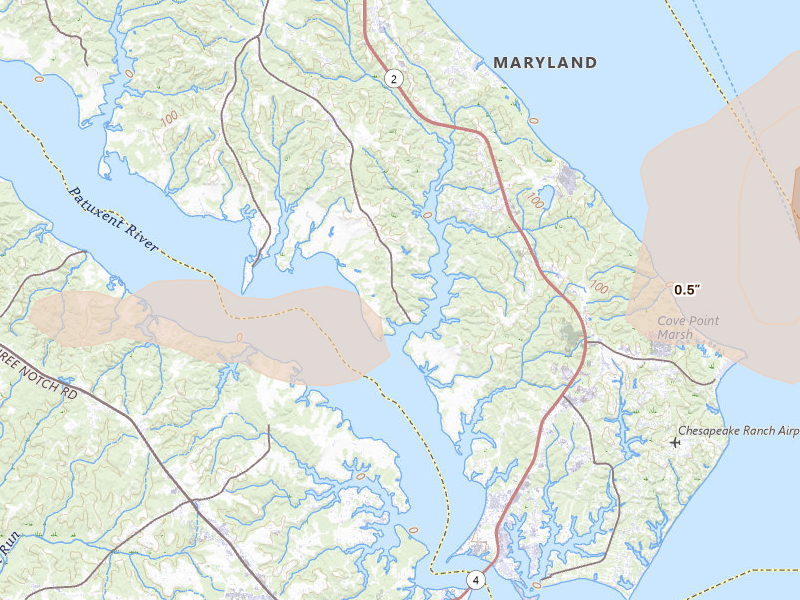 Radar-estimated hail-size map of the storm over Saint Leonard, MD on Jul 28, 2026