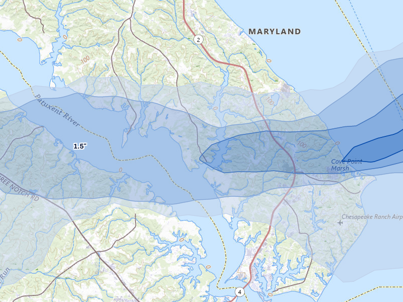 NEXRAD radar-signature map of the hail storm over Saint Leonard, MD on Jul 28, 2026