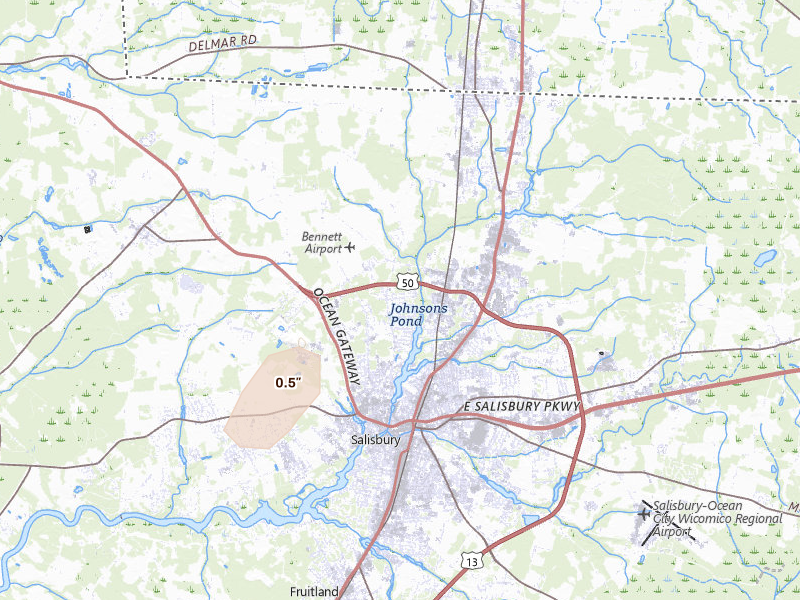 Radar-estimated hail-size map of the storm over Salisbury, MD on Aug 28, 2026