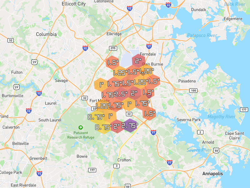 Hail map of Severn, MD on Jul 4, 2026, hail up to 2.75"