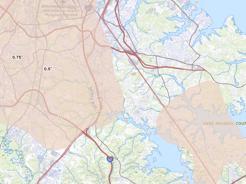 Radar-estimated hail-size map of the storm over Severna Park, MD on Jul 4, 2026