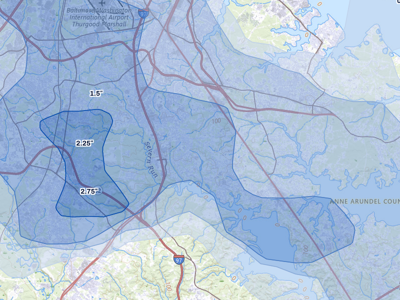 NEXRAD radar-signature map of the hail over Severna Park, MD