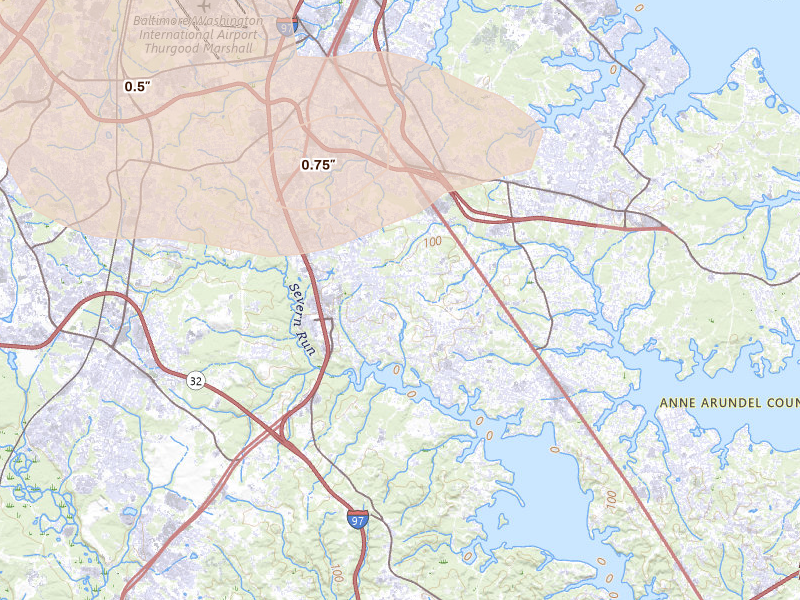 Radar-estimated hail-size map of the storm over Severna Park, MD