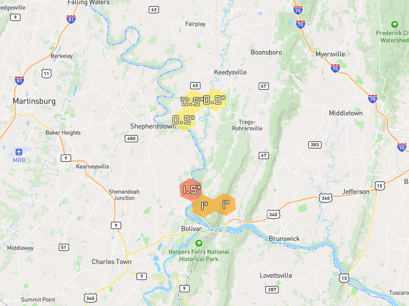 Hail map of Sharpsburg, MD on Jul 28, 2026, hail up to 1.5"